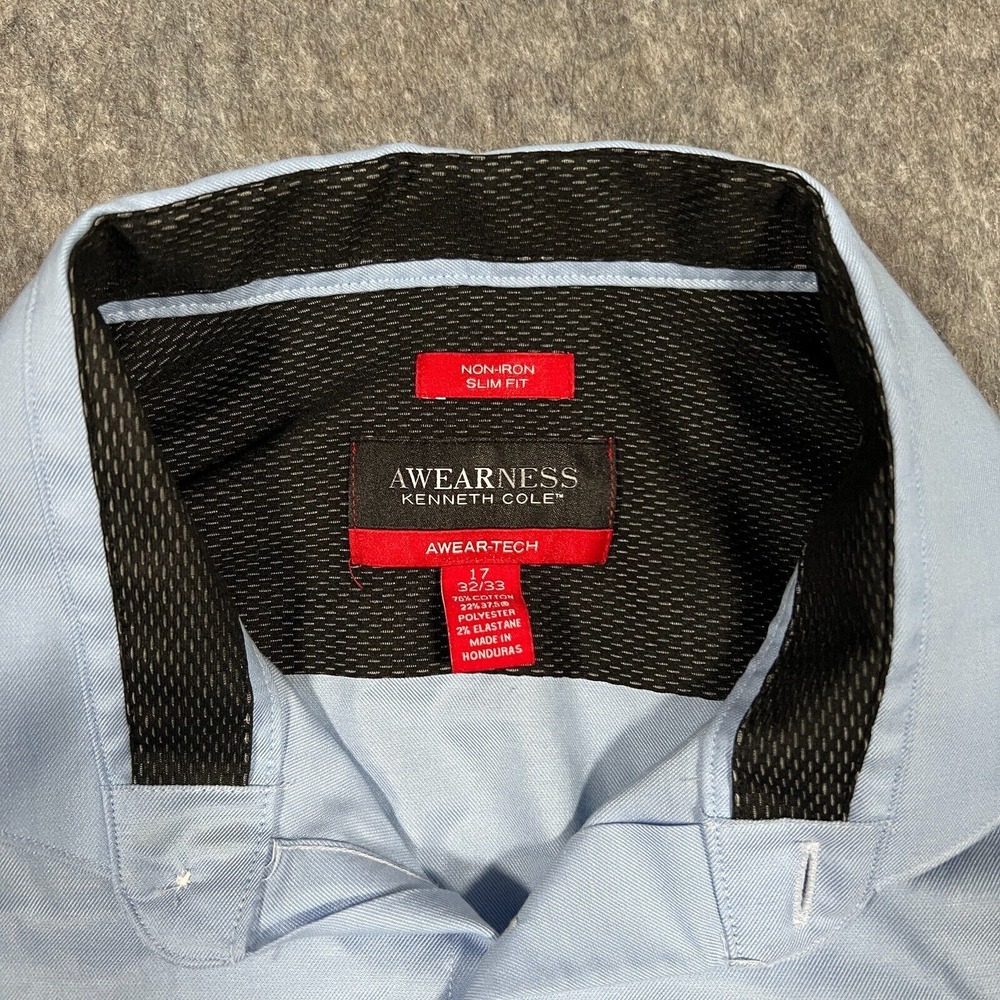 Kenneth Cole Awear-Tech Men's Button Up Shirt Size 17 Blue Slim Fit Long Sleeve - Picture 2 of 6